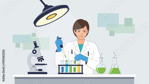 Scientist in Laboratory Conducting Experiment with Microscope and Test Tubes