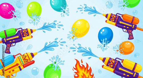 Colorful water guns shooting water splashes and balloons in fun playful scene with fire