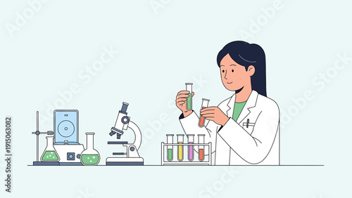 Scientist Working in Laboratory with Test Tubes and Microscope