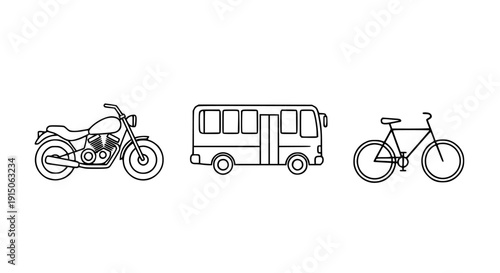 Clean and modern vector illustration featuring three essential transportation icons: a motorcycle, a bus, and a bicycle, ideal for travel, commute, and urban design projects.
