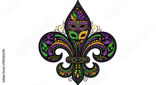 Vibrant mardi gras fleur de lis design with mask and swirling patterns in purple green and gold