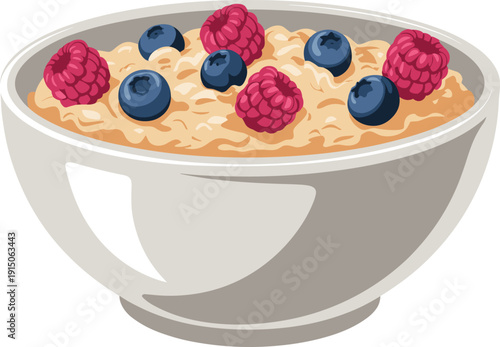 A white bowl filled with oatmeal topped with blueberries and raspberries breakfast