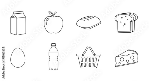 High-quality flat vector illustration of essential grocery food items including milk, apple, bread, eggs, shopping basket, bottle, and cheese on isolated background for commercial use.