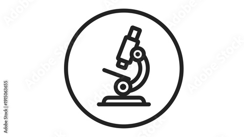 A microscope icon enclosed within a circle. The instrument is made of black lines and shows details