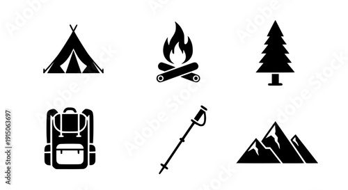 Minimalist black and white vector illustration of camping essentials including tent, campfire, tree, backpack, axe, and mountain range for outdoor adventure designs.