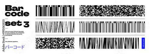 Barcode, EAN, And Badge On A Bar With 13-Digit Code For Abstract Art Background And Binary Data. Black Border In A Brutalist Style For Consumer Packaging With A QR Code And Stripe Scanner On.