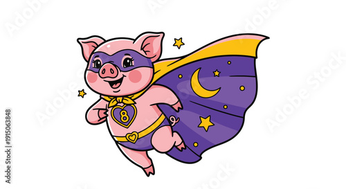 Cute Pig Superhero in Purple Cape Flying