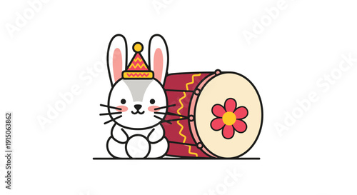 Cute Bunny with Drum and Party Hat