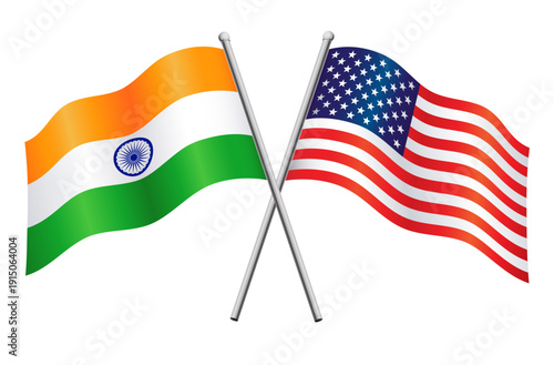 india and usa american indian flags in relationship alliance crossed flagpoles vector isolated on transparent background