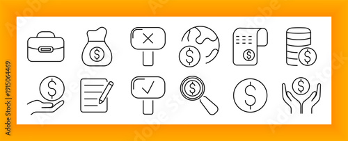 Finance set icon. Briefcase, coin hand, money bag, checklist, canceled, accepted, bill, savings, magnifier, dollar, transaction, donation, investment, budget, audit, business