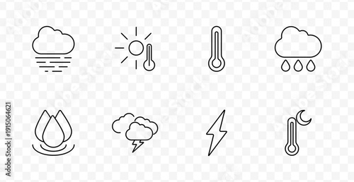Weather forecast set icon. Cloud lines, sun thermometer, thermometer, rain cloud, water drop, storm cloud, lightning, night thermometer drawn in outlined style with transparent background