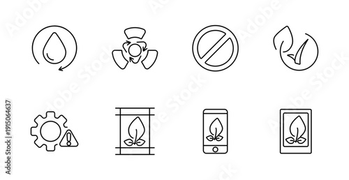 Ecology and regulation set icon. Circular drop, fan blades, ban sign, curled leaf, gear alert, leaf barcode, mobile leaf, framed leaf illustrated for green policy and environmental tech.