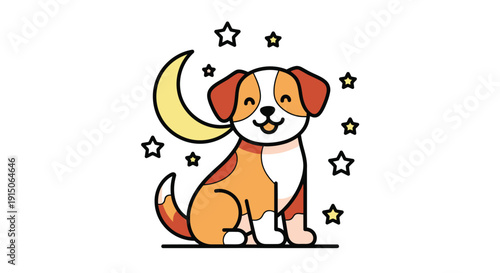 Cute puppy sitting beside moon and stars
