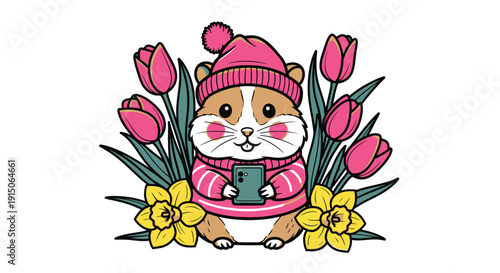 Hamster in pink hat and sweater with smartphone among tulips and daffodils