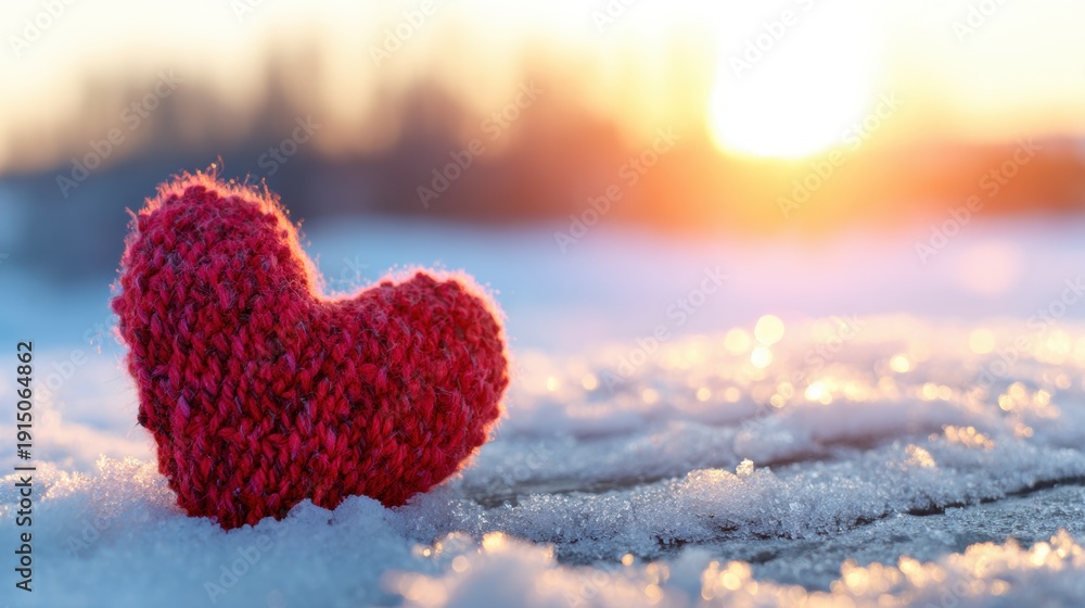 Fototapeta premium Red heart shape on snow with sunset in the background during winter