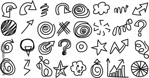 A collection of 32 unique hand drawn doodle symbols and shapes