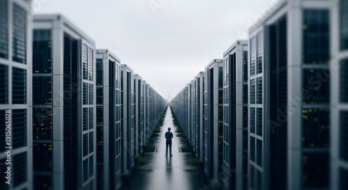 Lone business professional walking through a vast server farm, symbolizing data management, cloud computing, and the scale of modern digital infrastructure in a high-tech environment.
