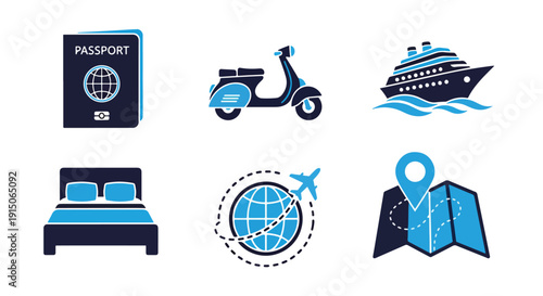 Travel and tourism icons set. Flat simple illustrations of passport, scooter, cruise ship, hotel bed, global flight and map. logo template, Glyph solid icon, Blue icon  - Editable icon