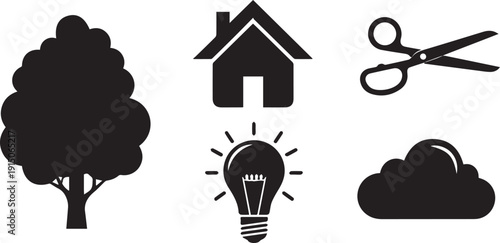 Minimalist black silhouette icon set tree, house, scissors, lightbulb, cloud. Essential graphic symbols for web, app, and universal design projects