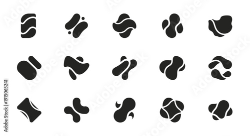 Abstract organic blob shapes collection, fluid black irregular forms, modern design elements