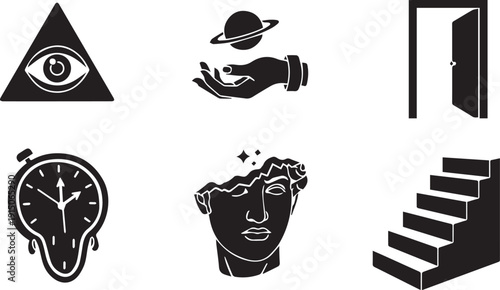 Surreal and abstract black and white icon set representing concepts like time, mystery, creation, and ascension with a cosmic, architectural, and artistic touch
