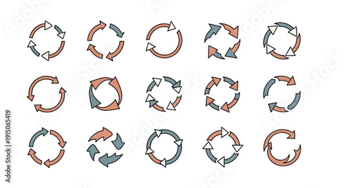 Hand drawn circular arrow icons set. Refresh, cycle, repeat, reload symbols collection.