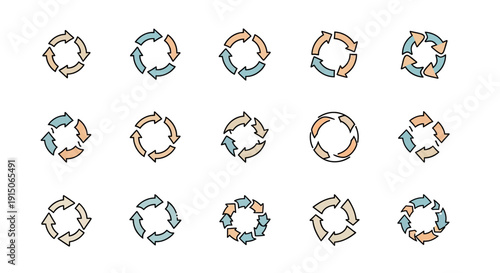 Hand-drawn circular arrow icons set for refresh, recycle, loop, and continuous process