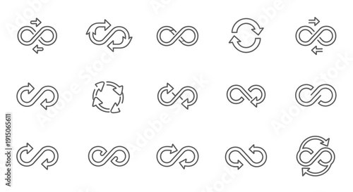 Infinity loop arrows icon set. Continuous cycle, repetition, endless symbol collection.