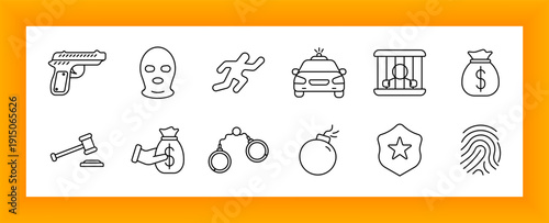 Crime set icon. Gun, thief mask, handcuffs, police car, prisoner, bomb, gavel, fingerprint, badge, stolen money, escape silhouette, and security enforcement.