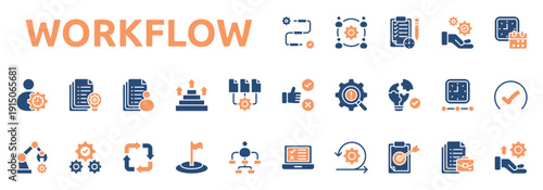 Workflow icon set two color style with process, team, planning, resource, schedule, management, project, task, steps, sequence icons