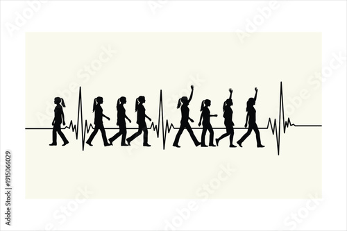 Group of women dancing in silhouette on pale background with heartbeat rhythm line