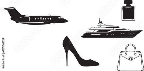 Luxury lifestyle symbols including a private jet, yacht, high heel shoe, handbag, and perfume bottle, representing wealth and success