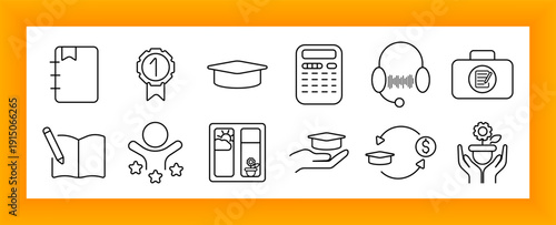 Education set icon. Book, medal, cap, headset, briefcase, calculator, plant, growth, reward, learning, online, study, write, exam, knowledge, goal