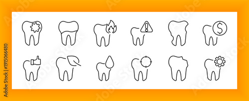 Dental care set icon. Various tooth symbols with icons for damage, fire, alert, dollar, gear, drop, leaf, target, thumbs up, health, and configuration details illustrated.