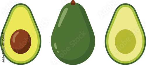 Avocado whole and cut halves fresh healthy organic fruit flat vector illustration set