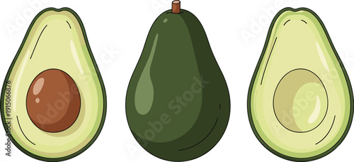 Whole avocado and cut halves with seed fresh organic healthy fruit flat vector illustration set