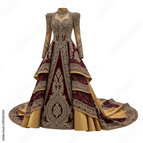 A beautifully designed dress with intricate patterns and a flowing train isolated on transparent background
