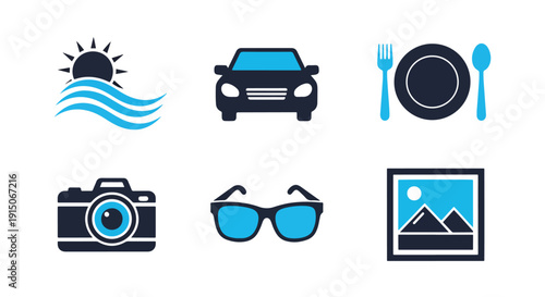 Summer travel flat design vector icon set illustration logo template, Glyph solid icon, Blue icon  - Editable icon