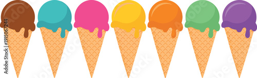 Colorful ice cream scoops in waffle cones sweet summer dessert flat vector illustration set