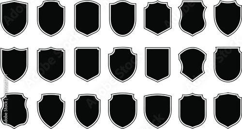 Black shield badge silhouettes collection heraldic emblem shapes security logo template vector illustration set