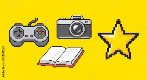 Pixel Art Hobby Icons with Gamepad Camera Book and Star