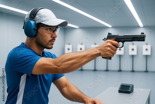 Focused man wearing safety gear aiming pistol at shooting range under bright light, practicing marksmanship with targets in the background. Ai generative