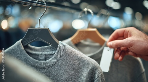 Concept of frugality, sustainable consumption, and budget care when revenues fall. Conscious clothing choice in a second-hand store: close-up of a hand browsing vintage garments on a rack. 