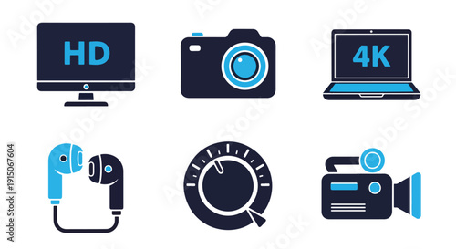 HD 4K video camera icons vector illustration set logo template, Glyph solid icon, Blue icon  - Editable icon
