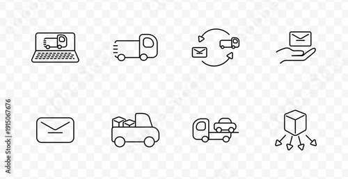 Delivery set icon. Laptop with truck, fast vehicle, shipping cycle, hand with envelope, mail, package truck, car transport, cube with arrows, all in logistics line design.
