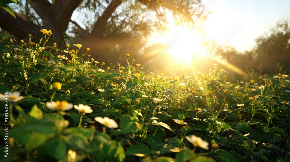 Obraz premium Sunlight shines through flowers in a garden at sunset