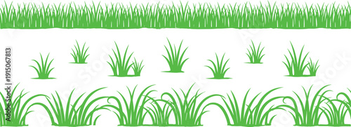 Green grass vector elements collection with borders and tufts, natural lawn and meadow illustrations for landscape design, spring backgrounds, garden decoration, ecology graphics, web, print, and 