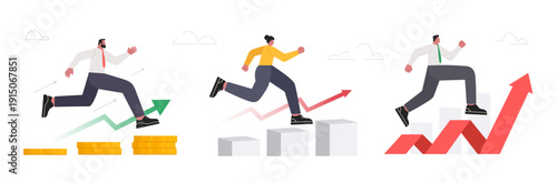 Business career growth. Financial or investment growth concept. Leadership. Set of business characters as symbol of business progress, career growth and goal achievement. Vector illustration.
