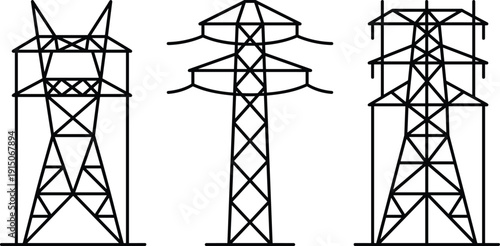 Set of electricity transmission tower silhouettes, power line pylon vector icons collection for energy infrastructure concepts, engineering diagrams, industrial design projects,