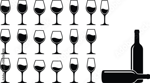 Wine glass silhouette collection with varying fill levels, black vector icons and bottle set for beverage design, bar menu graphics, tasting charts, infographics, web, print.